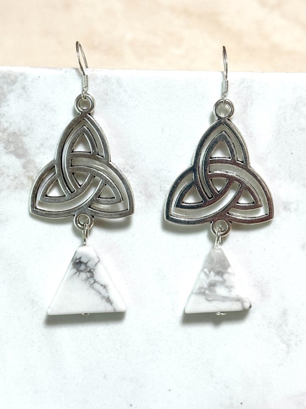 2/$20, White Magnesite Triqueta Dangle Earrings, Gemstone & Sterling Silver Hook